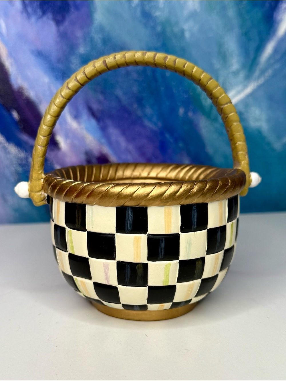 Mackenzie Childs Courtly Check Small Basket Black & White Checkerboard Easter